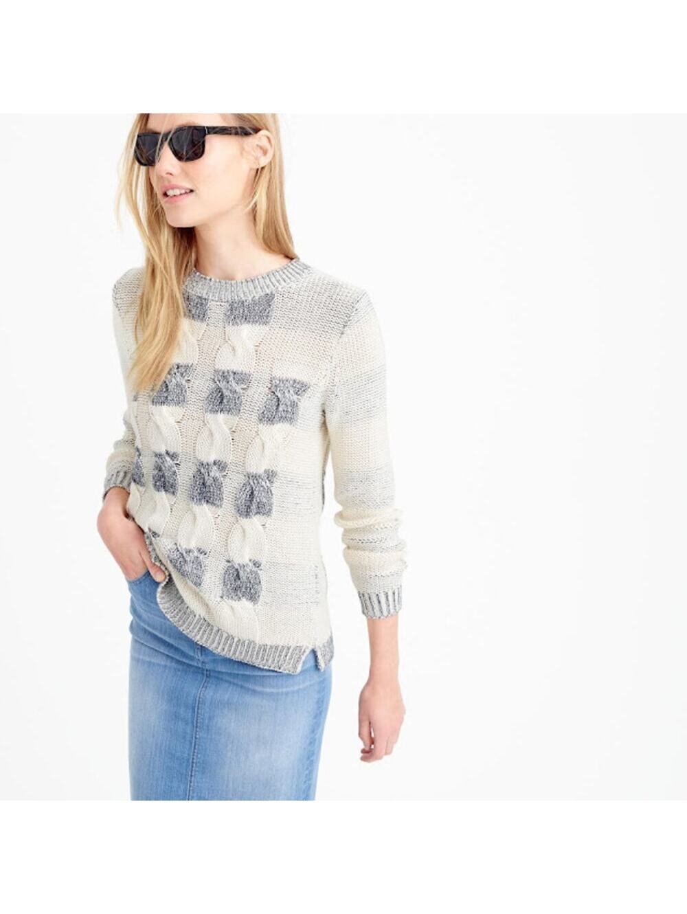 J. Crew EUC Women's White & Gray Marled Cable Knit Pullover Sweater Size XS